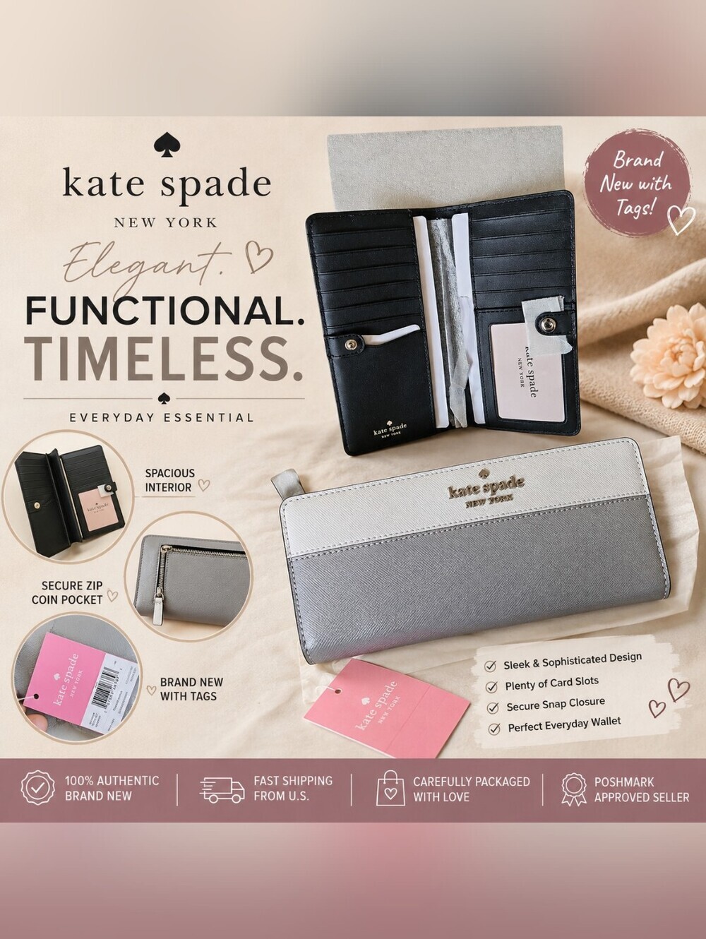 Kate Spade Staci Large Slim Bifold Wallet White Grey Colorblock NWT
